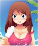 1girl artist_request bare_shoulders blue_eyes blush breasts brown_hair bust cleavage d: female food haruka_(pokemon) highres ice_cream large_breasts luis_ayb open_mouth pokemon pokemon_(anime) popsicle sexually_suggestive shirt sleeveless sleeveless_shirt solo source_request strap_slip swimsuit tank_top teeth upper_body