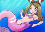  1girl alluring blue_eyes fish_tail may may_(pokemon) mermaid mermaid_girl mermaid_position mermaid_tail mermaid_transformation nioartist pink_tail pokemon pokemon_(anime) pokemon_sm_(anime) seashell_bra underwater v 