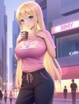  1girl big_breasts blonde_hair blue_eyes coffee holding_object looking_at_viewer outside shmebulock36 