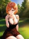  1girl big_breasts cleavage female_only forest looking_at_viewer orange_eyes orange_hair outside shmebulock36 short_hair skirt 