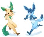 2girls barefoot blue_eyes blush breasts brown_eyes furry glaceon ka kagerofu leafeon multiple_girls nipples no_humans pokemon snowball tail