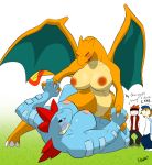  :&lt; alligator big_breasts blue_scales blush breasts charizard claws creatures_(company) dialog dragon_wings english_text female feraligatr fight fire game_freak gen_1_pokemon gen_2_pokemon hat headband headgear nintendo nipples nude orange_scales ordile_(pokemon) pokemon pokemon_(anime) pokemon_(creature) pokemon_(game) pokemon_(species) pokemon_diamond_pearl_&amp;_platinum pokemon_dppt pokemon_heartgold_and_soulsilver pokemon_hgss pokemon_red_green_blue_&amp;_yellow pokemon_rgby pokemon_trainer porkyman red_eyes reptile scalie sharp_teeth slypon tail text toe_claws video_games water_type_pokemon wings 