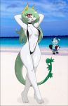  anthro dewott green_hair hair mustelid nintendo otter pokemon pokã©mon razplus red_eyes serperior snake swimsuit video_games white_skin 