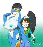 big_breasts blue_eyes blush breasts brown_hair clothing female gloves grope hair hat headgear male nintendo nipples nude pokemon pokemon_trainer slypon smile surprise swampert teeth video_games