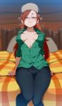 1girl 1girl bed big_breasts blush body_freckles boots bottomwear breasts breasts_apart brown_hair cleavage clothed_female clothing earrings female_focus female_only flannel footwear freckles gravity_falls green_eyes hat headwear high_res inviting jcm2 jeans long_hair looking_at_viewer nipple_bulge no_bra pillow red_hair redhead seductive sheets sitting smile solo_female solo_focus straight_hair sweat tagme teen ushanka wendy_corduroy