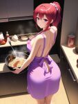 1girl alluring apron apron_only cooking female_only kitchen long_hair looking_at_viewer looking_back naked_apron ponytail purple_eyes red_hair shmebulock36