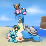 between_breasts big_breasts blush breasts female gastrodon lapras nintendo ole pokemon pokã©mon sand sea slug video_games water