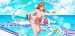  1girl alluring bare_arms beads big_breasts bikini black_eyes bleach blue_sky bow bow_bikini breasts cleavage cloud collarbone eyebrows_hidden_by_hair flower frilled_bikini frills hair_beads hair_flower hair_ornament holding holding_water_gun inoue_orihime kurosaki_orihime legs lips long_hair looking_at_viewer midriff navel ocean open_mouth orange_hair ponytail sky standing standing_on_one_leg starfish stomach swimsuit thigh_gap thighs voluptuous water_gun white_bikini white_flower 