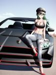  1girl bare_shoulders bra car green_eyes green_hair hat high_heels jeans lamborghini long_hair looking_at_viewer navel no_shirt outside sitting_on_car sportscar 