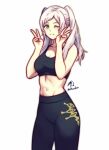  1girl alluring big_breasts black_sports_bra braid brown_eyes cleavage collarbone double_v fire_emblem fire_emblem_awakening high_res long_hair midriff navel nintendo one_eye_closed pants robin_(fire_emblem) robin_(fire_emblem)_(female) rotomdocs smile sports_bra sportswear stomach twin_tails v white_hair wink yoga_pants 