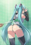 1girl against_wall anus aqua_eyes aqua_hair aqua_nails ass bare_shoulders cameltoe detached_sleeves erect_nipples from_behind hatsune_miku hatsune_miku_(append) long_hair looking_back miku_hatsune nail_polish open_mouth panties pleated_skirt pussy pussy_juice skirt spring_onion striped striped_panties twin_tails uncensored underwear upskirt very_long_hair vocaloid vocaloid_append wedgie yokaze_japan zettai_ryouiki