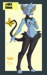  2012 anthro breasts collaboration digitigrade feline female furry looking_at_viewer mingchee navel nipples notorious84 pinup plain_background pokemon pokemorph pussy shinx smile solo standing the_pokedex_project tongue tongue_out wink yellow_eyes 