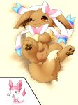 1_female 1girl 3_toes ambiguous_gender anus ass barefoot beige_fur black_nose bow brown_eyes brown_fur brown_skin canine creatures_(company) cute duo eevee eeveelution eievui_(pokemon) fairy_type_pokemon female feral furry game_freak gen_1_pokemon gen_6_pokemon happy heart japanese japanese_text labia long_ears looking_at_viewer lying nintendo normal_type_pokemon nude nymphia_(pokemon) on_back pawpads paws pink_fur plain_background pokemon pokemon_(anime) pokemon_(creature) pokemon_(game) pokemon_(species) pose presenting presenting_hindquarters presenting_pussy pussy raised_leg shadow shiny sitting skin smile sylveon tail text tomcat_in_sky tongue tongue_out video_games white_background white_eyes white_fur young