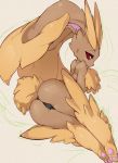 1girl animal_ears ass black_panties black_sclera brown_hair bunny_ears bunny_tail eyebrows from_behind furry legs_together looking_at_viewer lopunny makeup no_humans panties paws pokemon red_eyes slugbox solo tail thong topless underwear work_in_progress