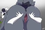 anthro anus artist_name ass ass_grab big_ass disembodied_hand female gaping gaping_pussy hands looking_at_viewer looking_back nintendo nude pangoro pokemon pussy slypon spread_pussy spreading text video_games