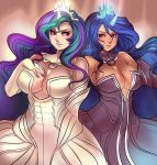 absurdres big_breasts blue_eyes blue_hair breasts cleavage female friendship_is_magic green_hair hair highres human humanized long_hair maniacpaint multicolored_hair my_little_pony not_furry princess princess_celestia princess_luna purple_hair royalty tiara