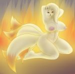 arms_behind_head artist_request big_breasts big_nipples breasts fiery_background kneeling looking_at_viewer ninetales pokemon pokemorph porkyman red_eyes tails yellow_fur