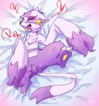 <3 bed bedroom_eyes blush chest_tuft claws eyelashes female feral fur furniture gen_5_pokemon genitals ingi looking_at_viewer lying mienshao narrowed_eyes nintendo on_back on_bed open_mouth pokemon pokemon_(species) porkyman purple_body purple_fur pussy red_eyes seductive semi-anthro smile solo thick_thighs tongue tongue_out tuft