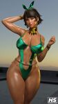 1girl 3d big_breasts bikini black_hair bracelet brown_eyes cleavage dark-skinned_female dark_skin duo_gale earrings female_only hagiwara_studio josie_rizal legs medium_hair namco panties pinup solo_female swimsuit tagme tekken tekken_7 thick_thighs thighs wide_hips