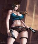  1girl adventurer artist_logo big_breasts breasts brown_eyes brown_hair brown_lipstick brown_nails brown_shorts cleavage crop_top curvy curvy_figure daytime eidos female_only flowerxl front_view gun lara_croft lara_croft_(classic) looking_at_viewer mountains pale-skinned_female pinup pistol short_pants short_shorts shorts solo_female solo_focus tank_top thigh_holster tomb_raider topwear video_games watermark weapon_in_hand 