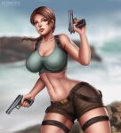  1girl adventurer artist_logo big_breasts breasts brown_eyes brown_hair brown_lipstick brown_nails brown_shorts cleavage crop_top curvy curvy_figure daytime eidos female_only flowerxl front_view gun lara_croft lara_croft_(classic) looking_at_viewer mountains pale-skinned_female pinup pistol short_pants short_shorts shorts solo_female solo_focus tank_top thigh_holster tomb_raider topwear video_games watermark weapon_in_hand 