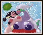 anthro bantar2 big_breasts blush bovine breast_squish breasts chubby english_text female gludara goo goodra green_eyes miltank nintendo nipples pink_eyes pokemon pokã©mon slug smile teats text udders video_games