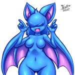  2013 anthro anthrofied bat belly big big_ears blue_fur blue_hair fang fangs female fur furry hair hair_over_eyes happy midriff mnxenx001 navel nintendo nude plain_background pokemon raised_arm shadow sharp_teeth shiny short_hair smile solo standing teeth tongue video_games white_background wide_hips wings zubat 