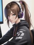  1girl brown_hair female_only gamergirl green_eyes headphones hoodie jacket long_hair looking_at_viewer ponytail shmebulock36 