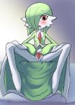 1girl azuma_doguu blush clitoris doguu flat_chest furry gardevoir green green_hair nintendo no_humans pokemon presenting pussy pussy_juice red_eyes sitting solo spread_legs spread_pussy