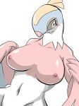  anthro avian belly bird blush breasts feathers female grey_eyes happy hawlucha looking_at_viewer midriff navel nintendo nipples nude plain_background pokemon shadow shiny smile sya video_games white_background wings 