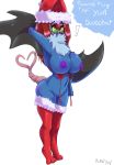 ! anthro big_breasts breasts christmas female green_eyes hair hat headgear heart holidays nintendo nipples plain_background plankboy pokemon purple_nipples pussy red_hair solo standing stockings swoobat video_games white_background wings