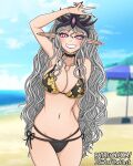 beach bikini blue_sky cosplay crown elf_ears hand_sign idiot_of_the_east idiotoftheeast kitagawa_marin long_ears long_hair parasol pink_eyes slaanesh smile v warhammer_(franchise) warhammer_40k warhammer_fantasy white_hair