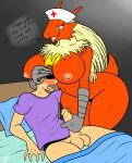 2014 anthro avian bed big_breasts blanket blaziken blaziken_(pokemon) blonde_hair blush breasts bursyamo_(pokemon) chicken claws creatures_(company) english_text erection eyelashes female game_freak gen_3_pokemon green_eyes hair head_grab human interspecies long_hair looking_down male multicolored_fur nintendo nipples nurse_hat open_mouth penis penis_grab pillow pokemon pokemon_(anime) pokemon_(creature) pokemon_(game) pokemon_(species) pokemon_rse pokemon_ruby_sapphire_&_emerald pokemorph pokephilia red_skin sheet talons testicles text tongue video_games yellow_sclera zp92