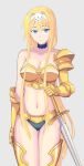 1girl alice_schuberg alluring annoyed armor big_breasts bikini_armor blonde_hair blue_eyes choker cleavage gauntlets gold_(metal) golden_armor hao headband naked_armor sword sword_art_online sword_art_online_alicization very_long_hair