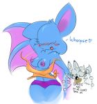 anthro anthrofied bangs_(character) bat blue_fur breasts elpatrixf english_text female fur furry hair_over_eyes kriyu nintendo pokemon purple_nipples text video_games wardrobe_malfunction white_background zubat