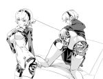  1girl aegis aegis_(persona) android ass atlus female gears makacoon monochrome nipples persona persona_3 shin_megami_tensei shirt_lift 