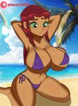 1girl 1girl 1girl beach big_breasts bikini breasts dc_comics green_eyes ocean png purple_bikini purple_swimsuit raydonxd red_hair starfire swimsuit teen_titans thick_thighs thong