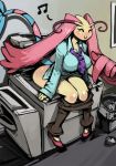 anthro anthrofied big_breasts bittenhard blush breasts closed_eyes clothing copy_machine milotic musical_note necktie nintendo office pants pants_down photocopier photocopying_butt pokemon sitting sofiya_ivanova video_games wide_hips