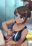 1girl asahina_aoi asahina_aoi_(dangan-ronpa) blue_eyes brown_hair caressing_testicles competition_swimsuit danganronpa danganronpa_1 dark_skin female handjob k16-simakou one-piece_swimsuit penis swimsuit testicles uncensored