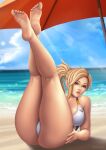  1girl absurd_res ass bare_legs barefoot beach big_breasts blonde_hair blue_eyes breasts feet feet_up female_focus female_only flowerxl high_res huge_ass legs_up long_hair mercy_(overwatch) ocean one-piece_swimsuit overwatch parasol sitting soles solo_female solo_focus swimsuit thick_thighs thighs toes umbrella wide_hips 