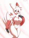 1girl 2014 anthro anthro_only artist_name big_breasts breasts claws eyelashes female female_only fur furry hand_on_breasts happy hi_res looking_at_viewer mongoose navel nintendo nipples nude plain_background pokemon pussy raised_arm red_eyes redwolfxiii shadow sharp_claws shiny smile solo standing video_games white_background wide_hips zangoose