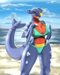 1girl anthro anthrofied bald beach big big_breasts black_eyes blue_skin bra breasts claws cloud dragon drxsmokey_(artist) eyelashes female female_only garchomp happy lizard nintendo nipples open_mouth outside pokemon raised_arm red_skin reptile sand scalie sea seaside shadow sharp_teeth shiny skin sky smile solo spikes standing swimsuit teeth thick_thighs tongue underwear video_games water yellow_eyes yellow_skin