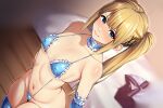  1girl alluring bed bikini blonde_hair blue_bikini blue_eyes blue_gloves blue_thighhighs blurry choker closed_mouth covered_erect_nipples dead_or_alive dead_or_alive_6 dead_or_alive_xtreme dead_or_alive_xtreme_2 dead_or_alive_xtreme_3 dead_or_alive_xtreme_3_fortune dead_or_alive_xtreme_beach_volleyball dead_or_alive_xtreme_venus_vacation depth_of_field dutch_angle elbow_gloves frilled_choker frills gloves hadacra hair_ornament hair_ribbon indoors long_hair looking_at_viewer marie_rose navel ribbon shiny_skin sidelocks small_breasts smile standing stockings swimsuit tecmo twin_tails unworn_clothes x_hair_ornament 