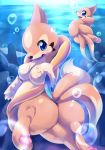 ambiguous_gender black_nose blue_eyes breasts bubble buizel butt female floatzel looking_at_viewer looking_back multiple_tails nintendo nipples pawpads paws pokemon pokã©mon spreading ukanmuriman underwater video_games water