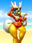 anthro anthrofied avian bag barefoot beach beak bird blue_eyes breasts chubby cloud delibird elpatrixf eyelashes eyewear female fur furry glasses grasp happy hi_res looking_at_viewer navel nintendo nipples nude outside pokã©mon pokemon pussy raised_arm red_fur sand sea seaside shadow shiny sky smile solo standing thick thick_thighs video_games water white_fur