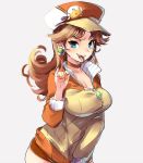 1girl :p blue_eyes breasts brown_hair buruma choker cleavage earrings female hat jewelry large_breasts long_hair mario_(series) nail_polish naso4 naughty_face nintendo peaked_cap princess_daisy solo super_mario_bros. super_mario_land tongue tongue_out track_jacket