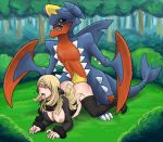 1_boy 1_female 1_girl 1_human 1_male all_fours blonde_hair blush breasts clothed clothing cynthia duo female female_human forest from_behind hair interspecies male/female mega_evolution mega_garchomp nintendo nipples nude outdoors penetration pokemon pokephilia sex shirona_(pokemon) spread_legs spreading stockings tongue video_games xxxx52 yellow_eyes