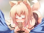 1girl animal_ears bare_shoulders bent_over blonde_hair blush brown_hair chiri_(atlanta) closed_eyes fellatio fox_ears fox_tail hair hetero male_pubic_hair oral original penis pokemon polka_dot pov pubic_hair saliva solo_focus strap_slip tail ten'inkou_korin