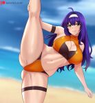  1girl alluring alternate_costume ass_visible_through_thighs bare_legs beach big_breasts bikini breasts cleavage female_only fire_emblem fire_emblem:_path_of_radiance hayato_stuff high_kick kick kicking legs legs_apart legs_up looking_at_viewer mia_(fire_emblem) nintendo orange_bikini orange_swimsuit purple_hair sand smile swimsuit water 