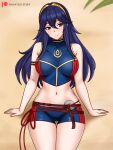  1girl alluring alternate_costume bare_midriff bare_thighs beach big_breasts bikini blue_bikini blue_eyes blue_hair blue_swimsuit breasts commission female_only fire_emblem fire_emblem_awakening fire_emblem_cipher hayato_stuff long_hair lucina lucina_(fire_emblem) midriff nintendo official_alternate_costume outside sitting smile swimsuit symbol-shaped_pupils thighs tiara 